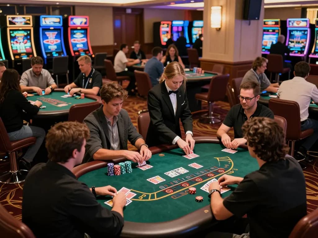 Players at fabet blackjack tables engaged in lively gameplay with colorful chips and professional dealers