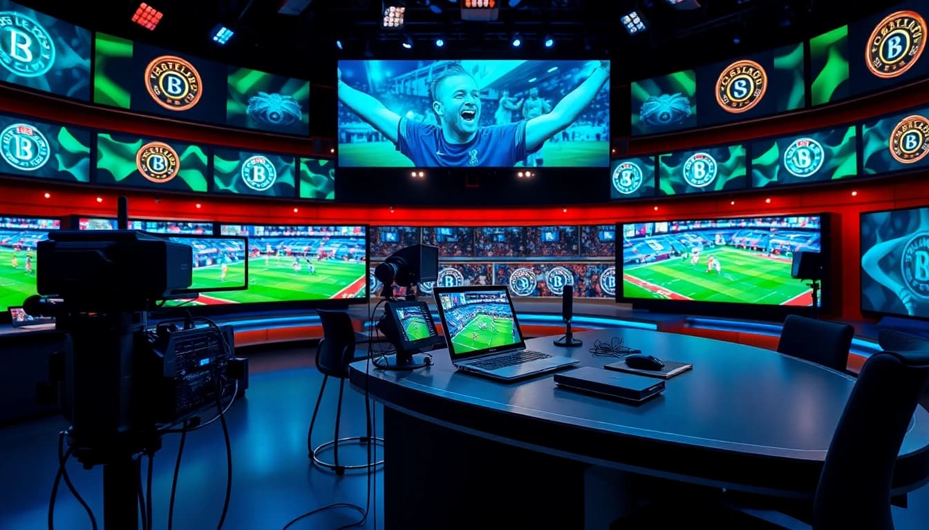 Engaging scene depicting Sports Broadcasting setup with modern equipment and vibrant game screens.