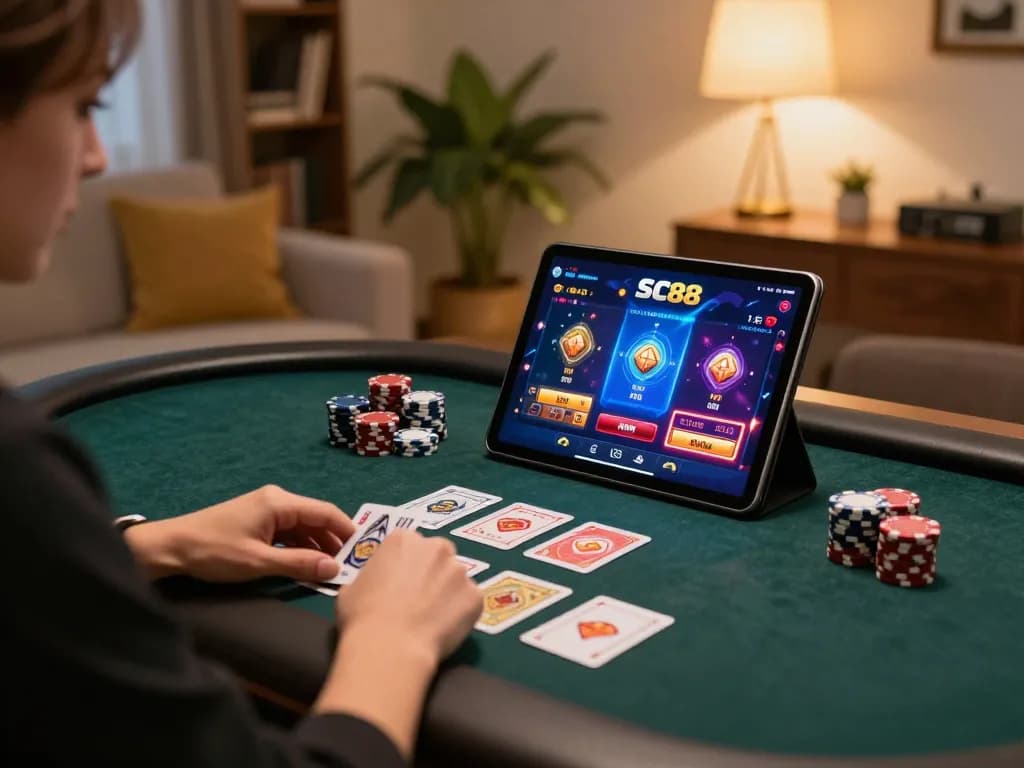Player engaging with the SC88 online casino interface on a tablet at home, enjoying a strategic gaming experience