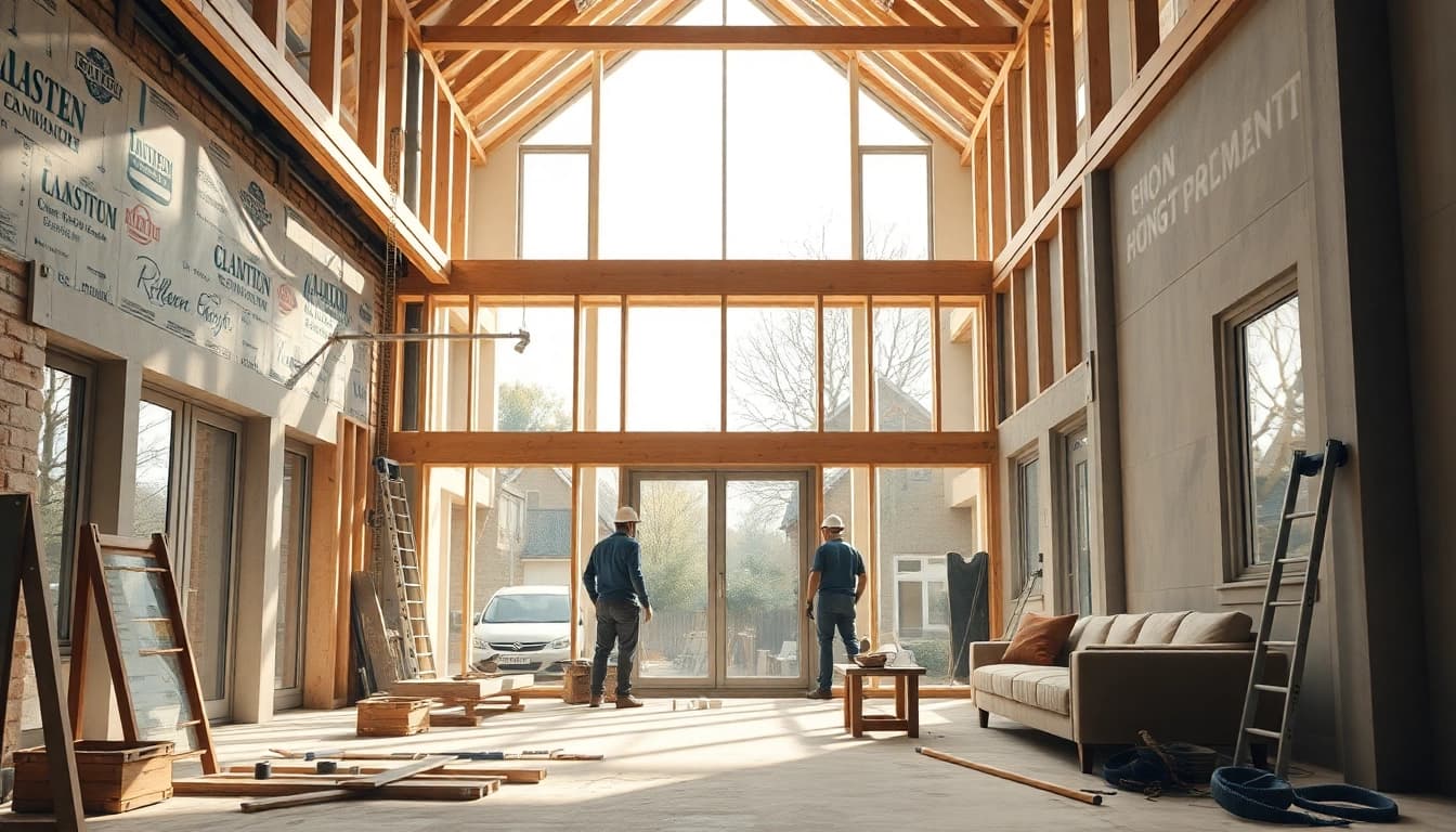 House extension construction showcasing builders working on an open-plan living area with natural lighting.