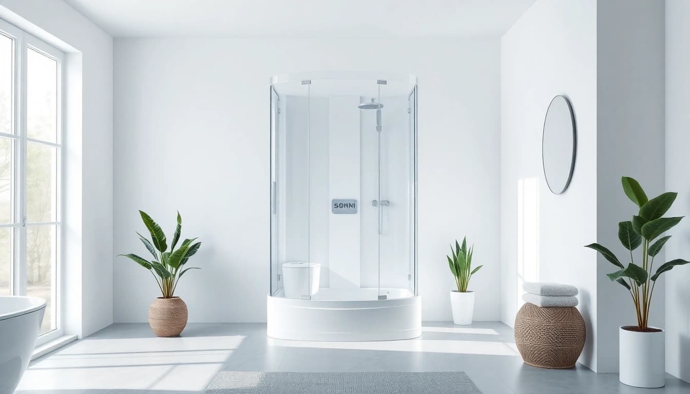 Entdecken Sie die elegante sonni Duschkabine in einem modernen Badezimmer, das mit naturalistischen Elementen akzentuiert ist.