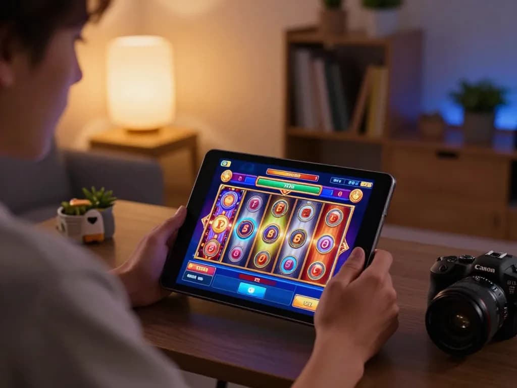 Player enjoying online slots on vn88a tablet, engaging and vibrant gaming atmosphere