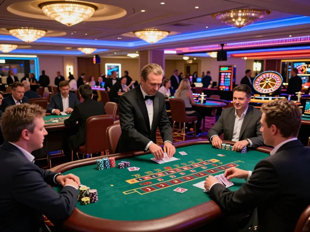 LU88 casino floor buzzing with players engaged in blackjack and roulette, showcasing dynamic gaming atmosphere.
