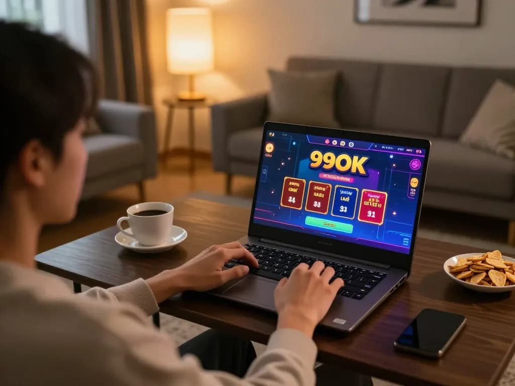 Engaged player enjoying 99OK online gaming experience on laptop in cozy home setting