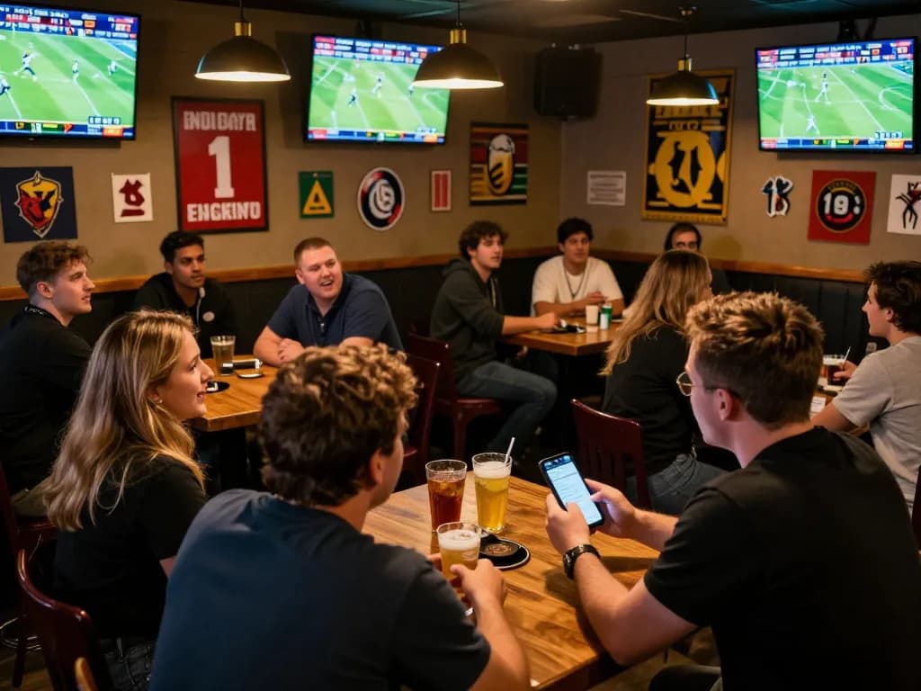 f168 patrons engaging in sports betting while discussing games in a vibrant sports bar.