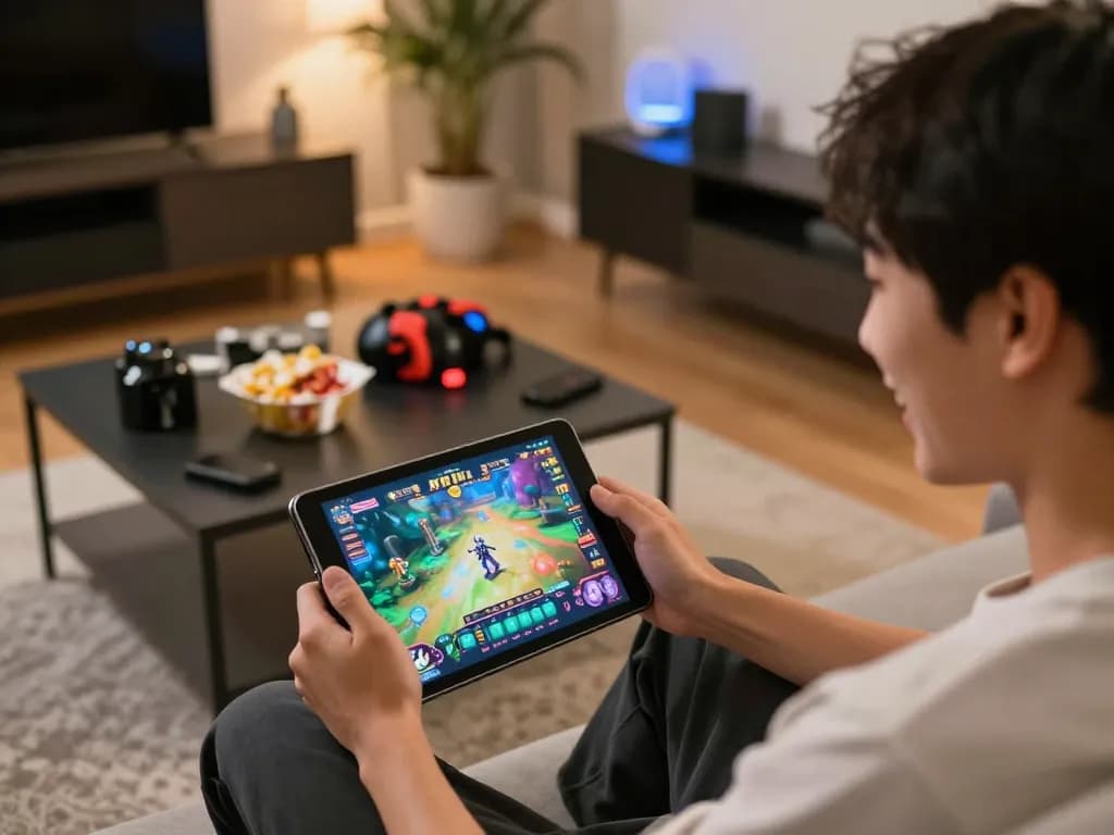 Play game nổ hũ on a tablet in a cozy living room, showcasing vibrant graphics and engaging gameplay.