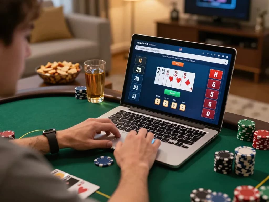 Chơi poker trực tuyến với Hit Club, thể hiện một người chơi tham gia vào trò chơi chiến lược tại nhà