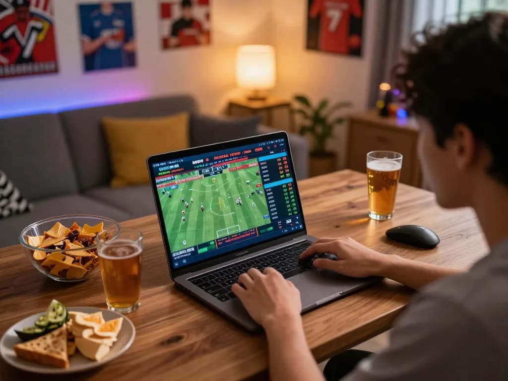 Kèo nhà cái trực tiếp displayed on a laptop screen during an intense sports betting session.
