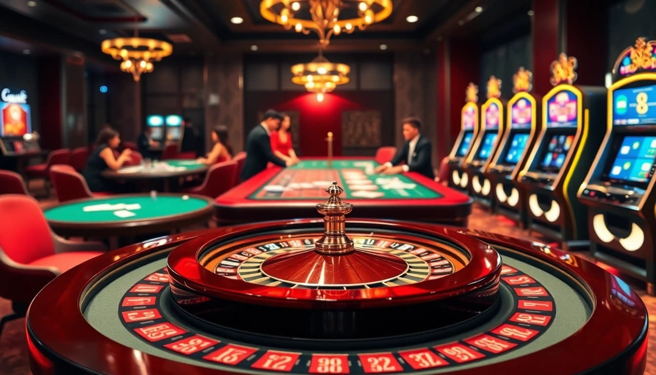 The luxurious atmosphere of https://9bet41.com/ showcases vibrant roulette and poker tables in a high-stakes casino.