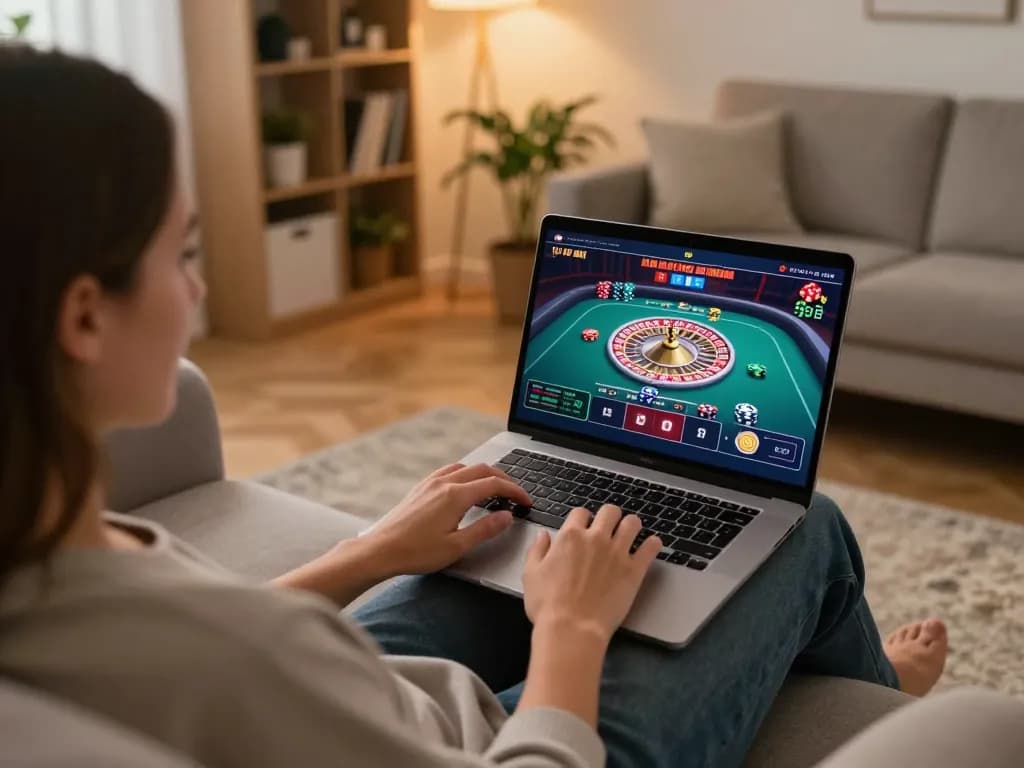 Engaging with nhà cái KP88 at home, enjoying live dealer roulette on a laptop in a cozy setting