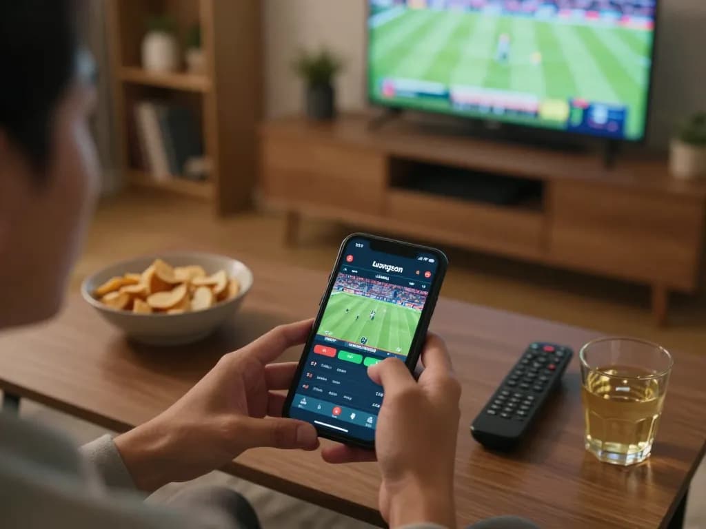 Engaging with luongson live sports betting app in a cozy home setting, depicting excitement of online wagering.