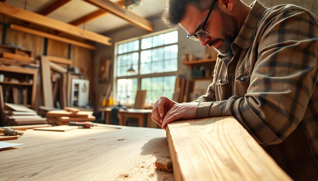 Craftsman honing skills in carpentry apprenticeship with intricate wood details.