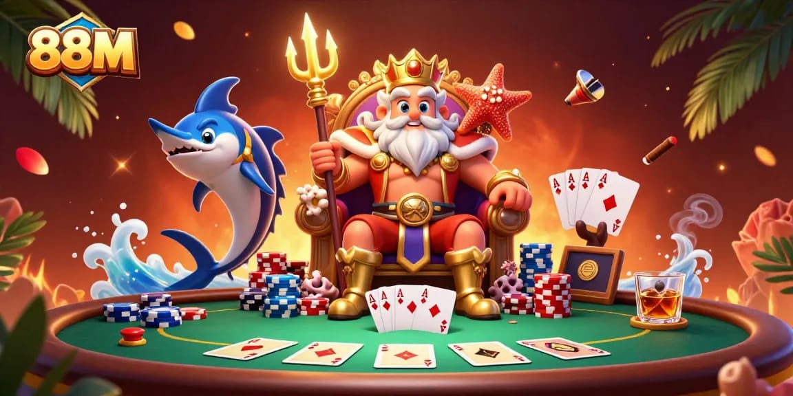 Engage in exhilarating poker strategies with 88M's vibrant, lively scene featuring Neptune and extraordinary game elements.