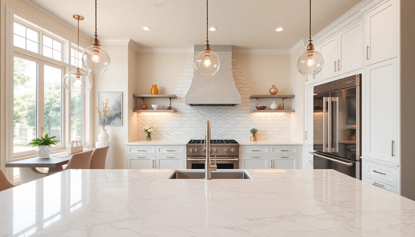 High-end remodeling contractor Austin showcasing a luxurious kitchen design with elegant finishes.