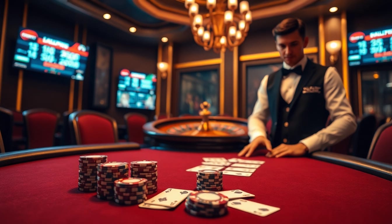 A professional poker game at a luxurious casino featuring high-stakes action and stylish decor inspired by https://f168.tools/.