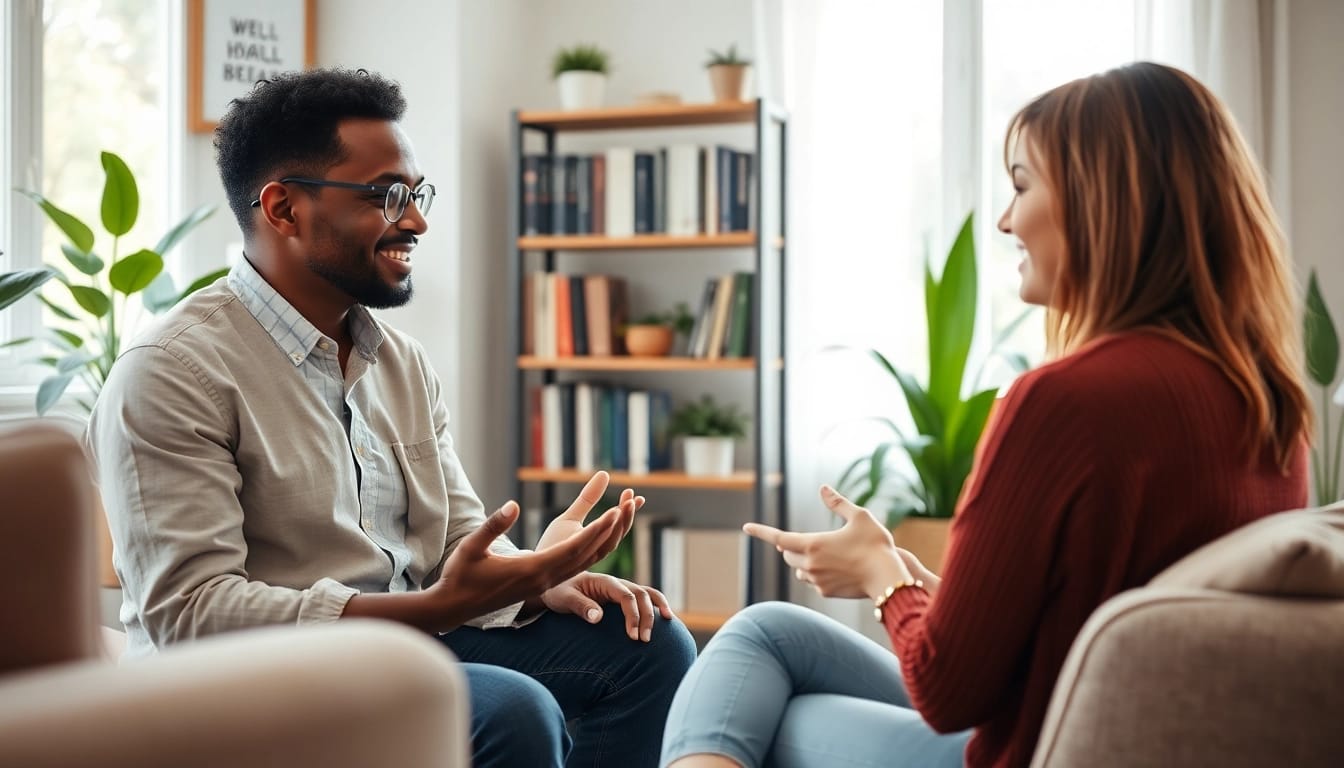 Mental health tips shared between therapist and client in a calming office setting.