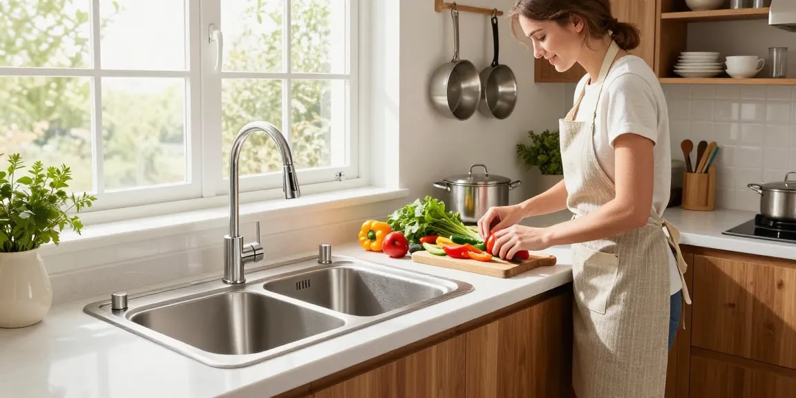Modern kitchen sink in stainless steel with fresh vegetables on cutting board, bright morning light.