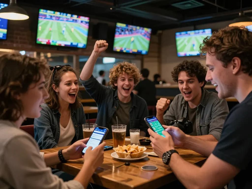 Fans engaging in sports betting at a bar using the FC 88 app, lively atmosphere, and screens displaying games.