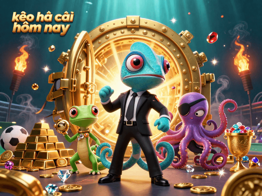Engage with kèo nhà cái hôm nay featuring a colorful chameleon and gecko in a vibrant sports betting scene.