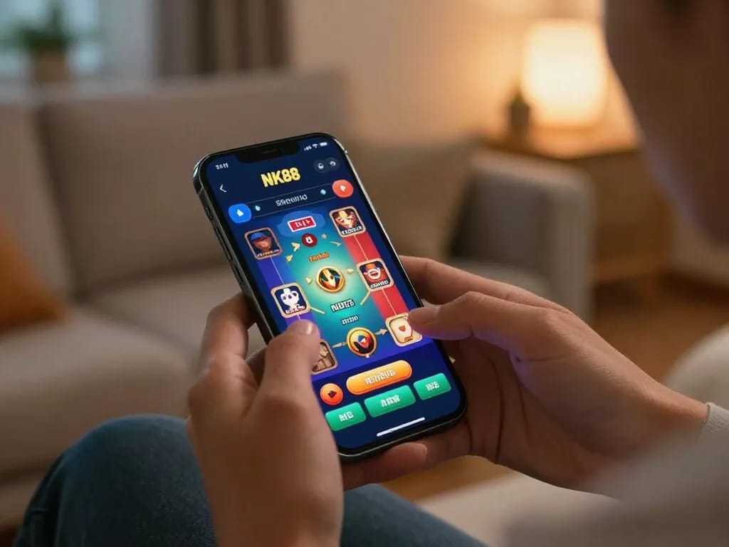 Engaging gameplay on the NK88 app with a user enjoying a casino game in a cozy setting, showcasing mobile gambling benefits.