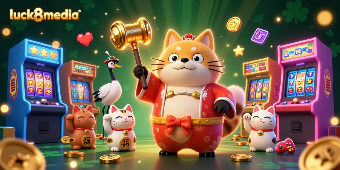 Engage with luck8media's vibrant casino scene featuring a cheerful tanuki and lucky charms as they celebrate gaming success.
