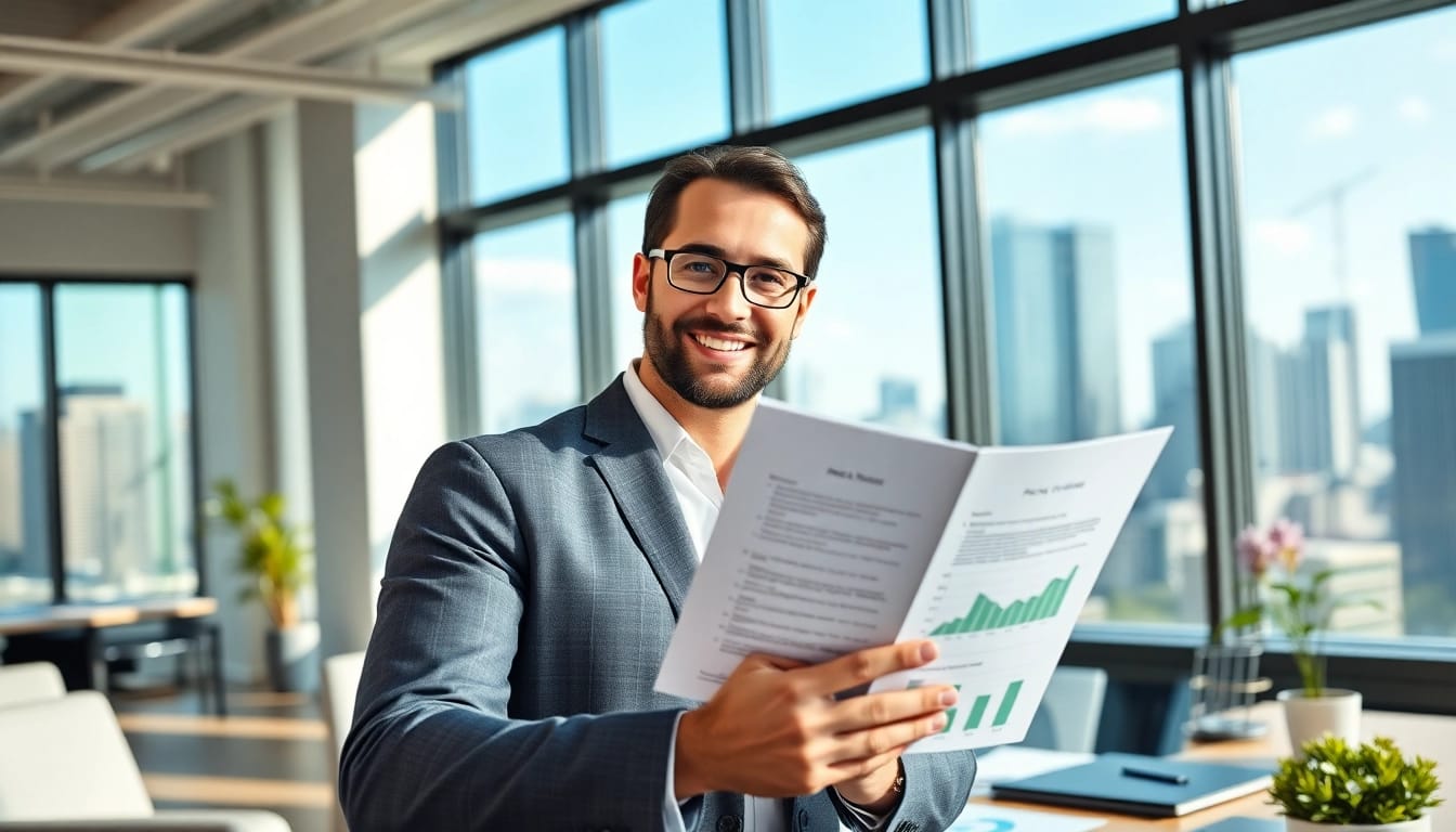 Wealth planner confidently presenting financial insights in a modern office.
