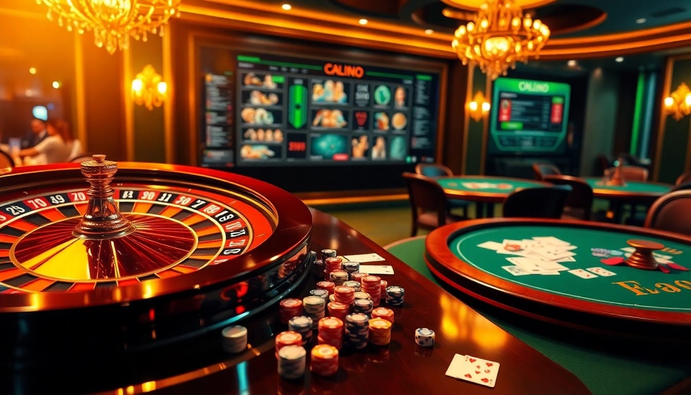 Experience the thrill of online gambling at https://five88az.com/ with vibrant casino tables and roulette wheels.