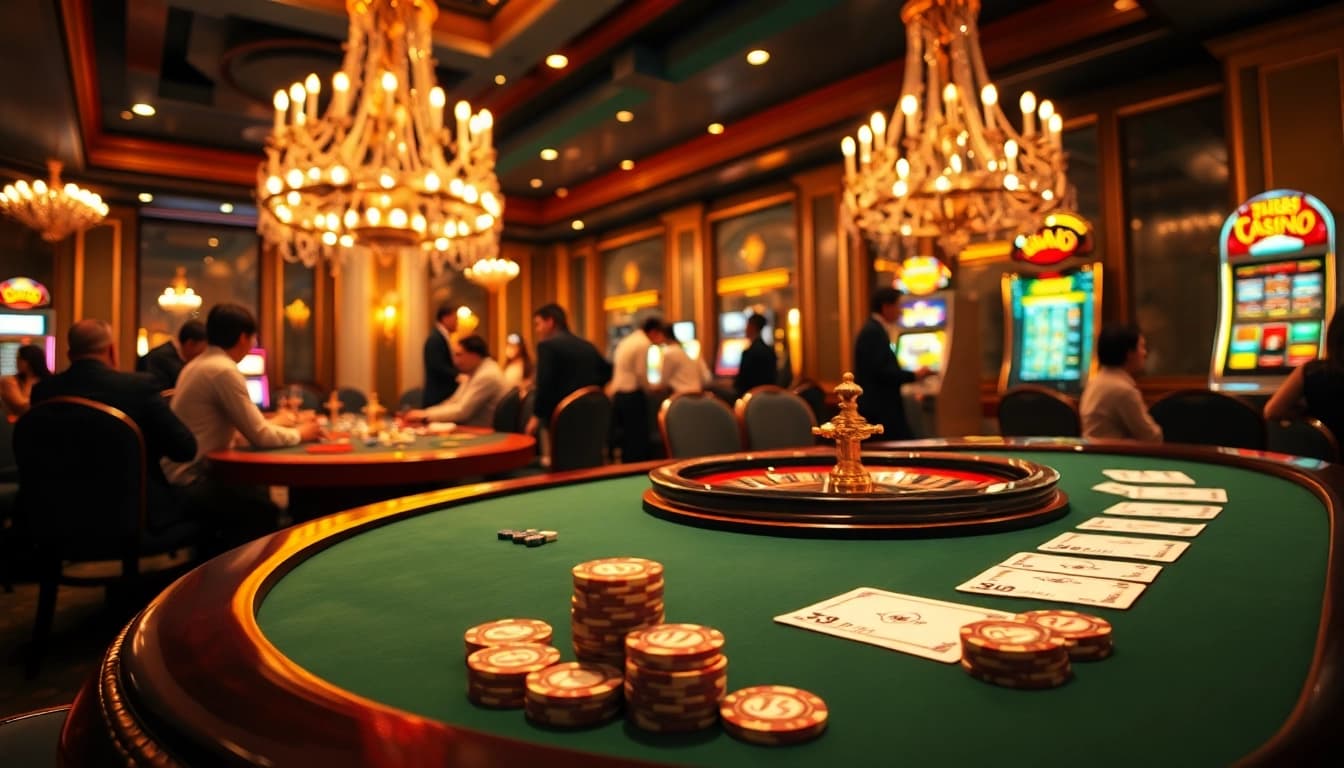 Players engaging at the nk88 casino with vibrant games, showcasing excitement in a luxurious setting.