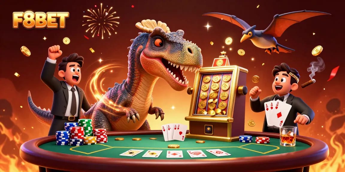 F8BET showcases a thrilling scene with a pachycephalosaurus activating a golden slot machine, while casino chaos erupts.