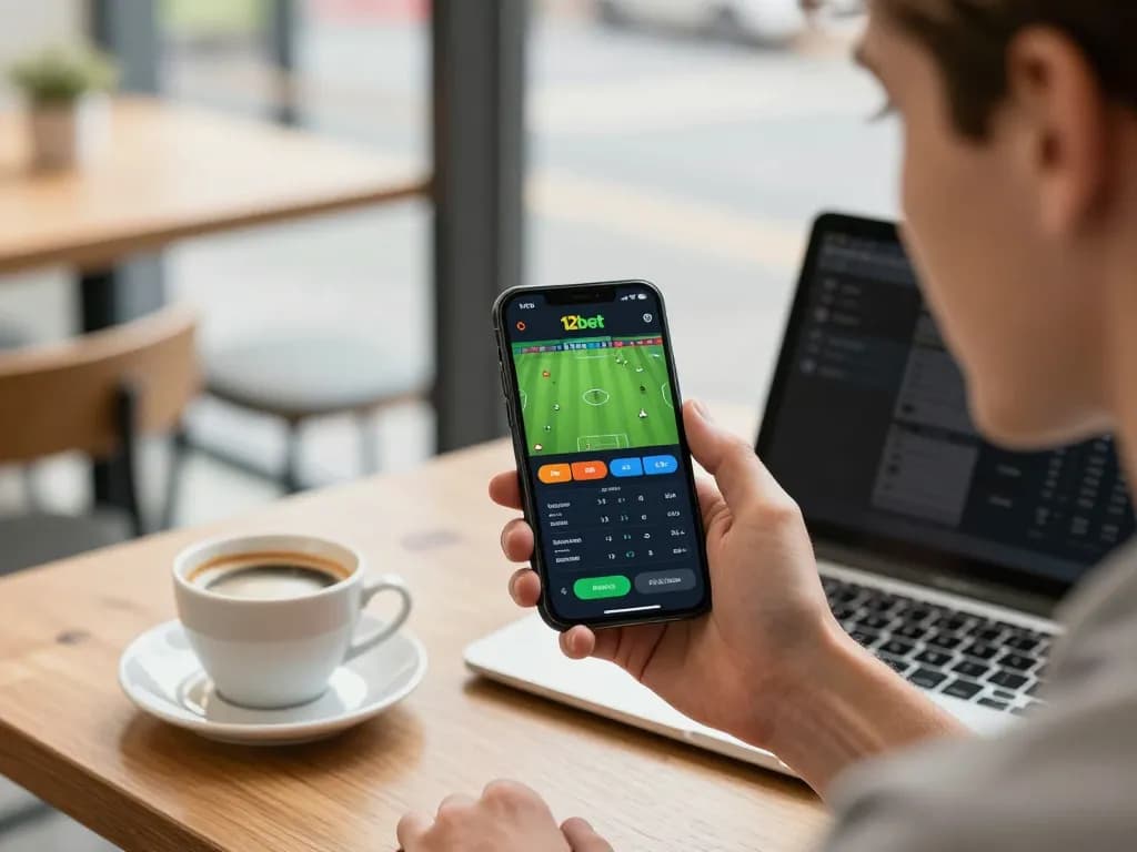 Người dùng tham gia đặt cược qua ứng dụng Link 12bet trên smartphone trong môi trường quán cà phê ấm cúng.