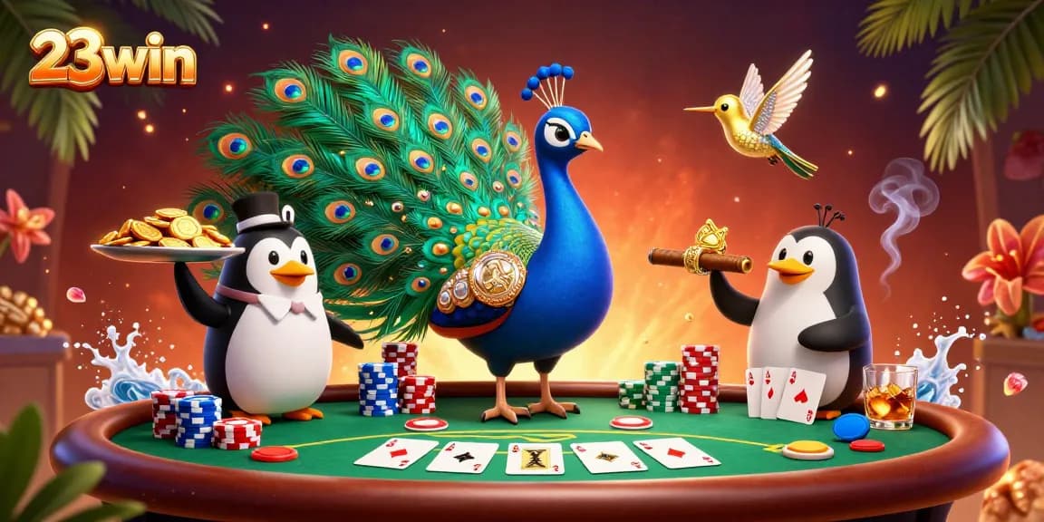 Engage in thrilling gameplay at 23win with a stunning casino-themed illustration featuring poker elements.
