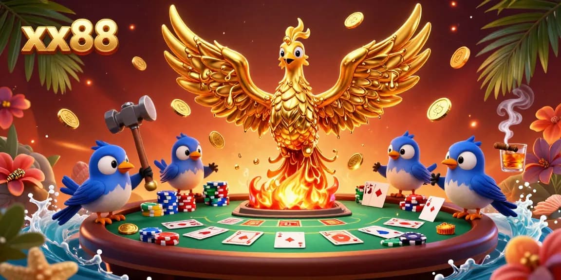 Experience the thrill of xx88 with a vibrant 3D casino scene featuring a golden phoenix and poker action.