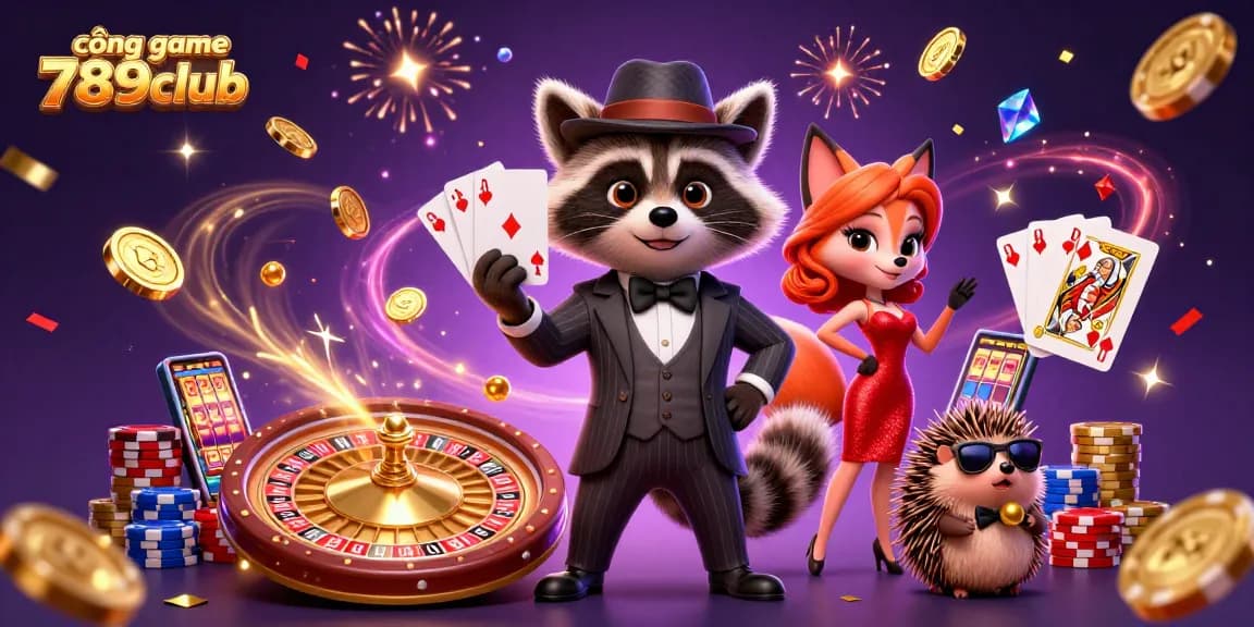 Experience the excitement of cổng game 789club with a suave raccoon, elegant fox, and bouncer in a vibrant casino setting.
