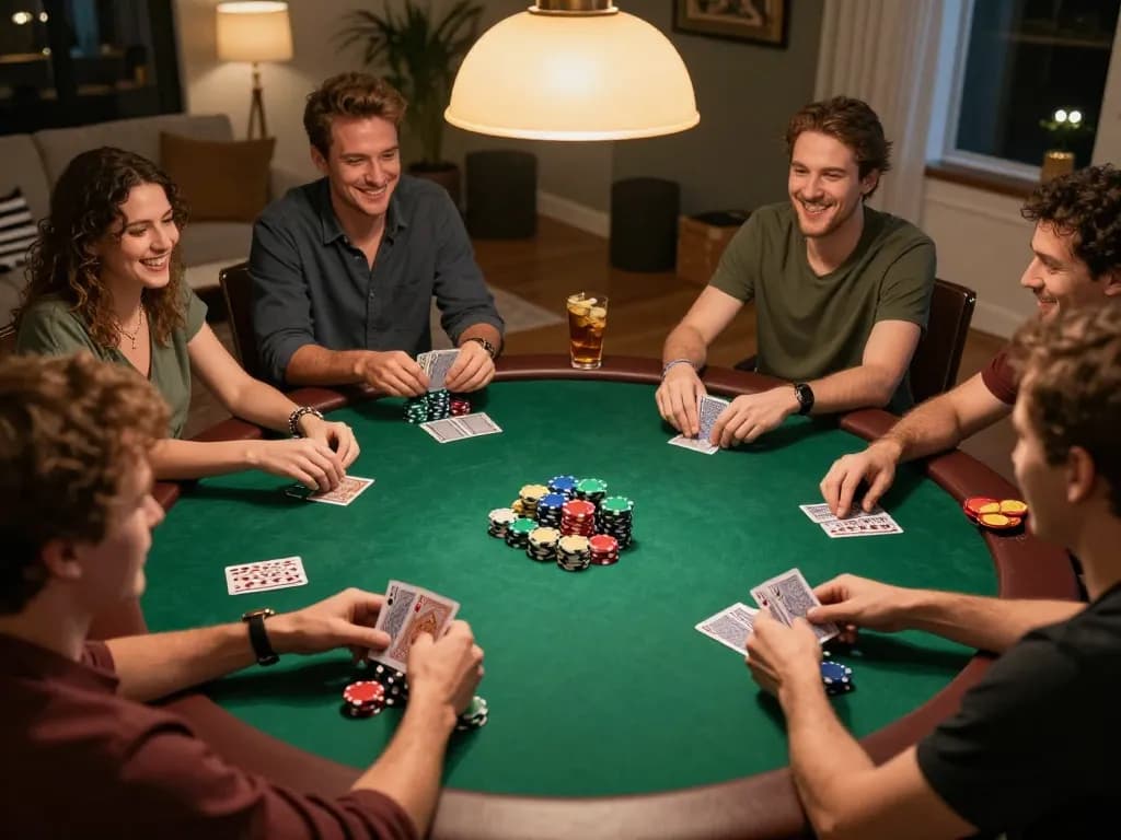 Players enjoying poker night at home with F168, highlighting card strategies and fun atmosphere.