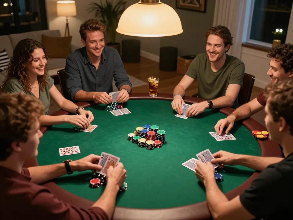 Players enjoying poker night at home with F168, highlighting card strategies and fun atmosphere.
