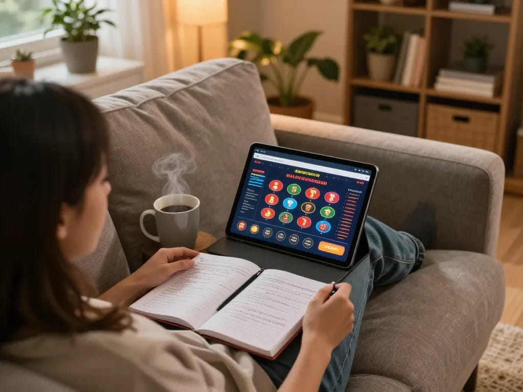 Person exploring trang chủ qq88 on tablet at home, with strategic notes and cozy ambiance.