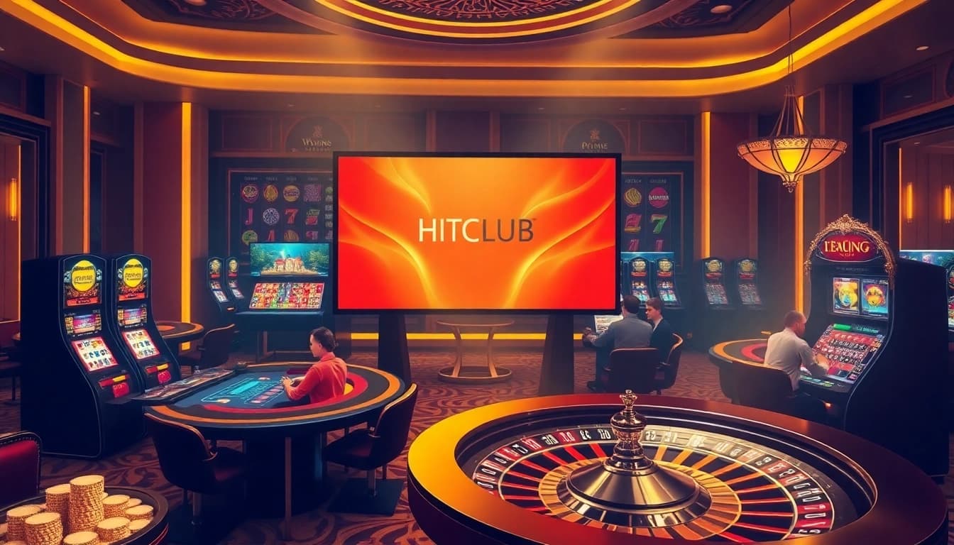 Cổng game Hitclub showcasing players at dynamic casino tables and vibrant slot machines.