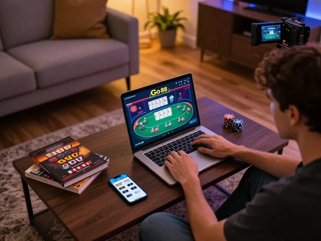 Tham gia chơi poker trực tuyến Go 88 trên máy tính xách tay tại nhà trong không gian ấm cúng