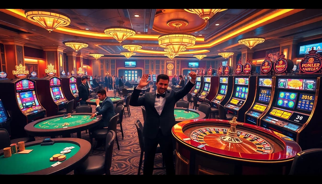 Capture the excitement at https://go88app.cn.com/ with players enjoying high-stakes gaming at luxury casino tables in a vibrant atmosphere.