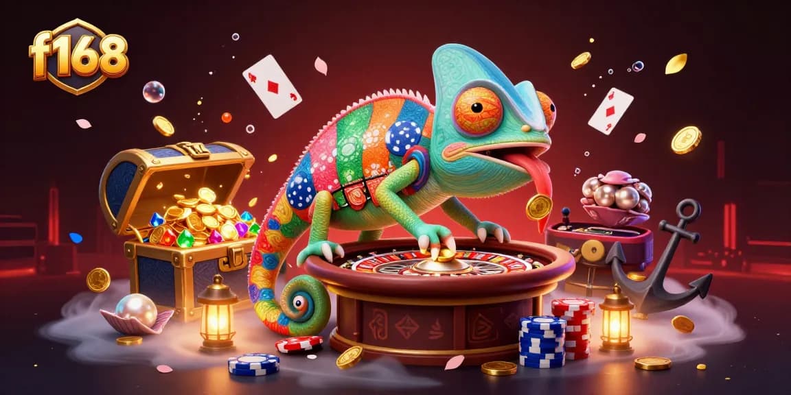 Experience the exciting f168 online casino with a vibrant 3D chameleon owner amidst dynamic gaming elements