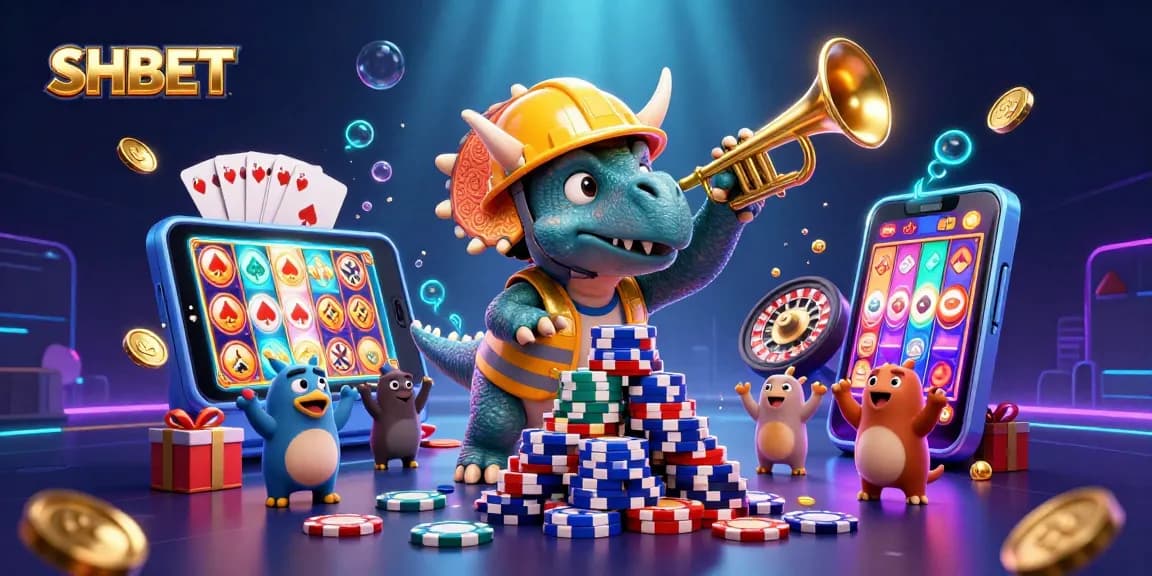 Experience the excitement of SHBET with a vibrant 3D casino illustration of fun characters and gaming action.