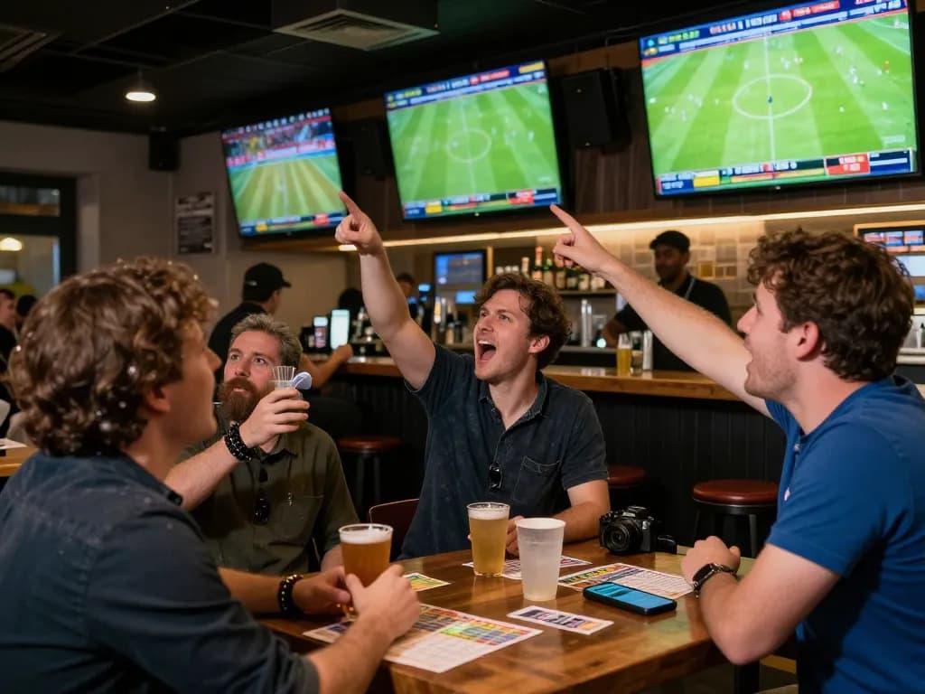 Kết quả bóng đá displayed on screens in an energetic sports betting bar with fans cheering.
