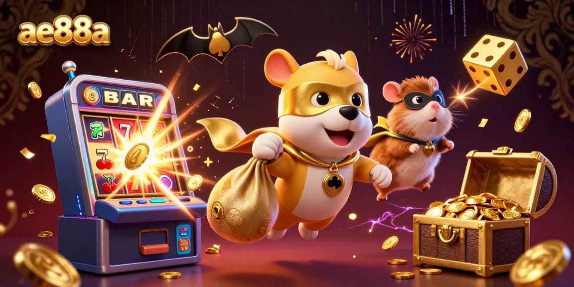 Experience high-stakes excitement with ae888a as the superhero dog flies through a dynamic casino scene.