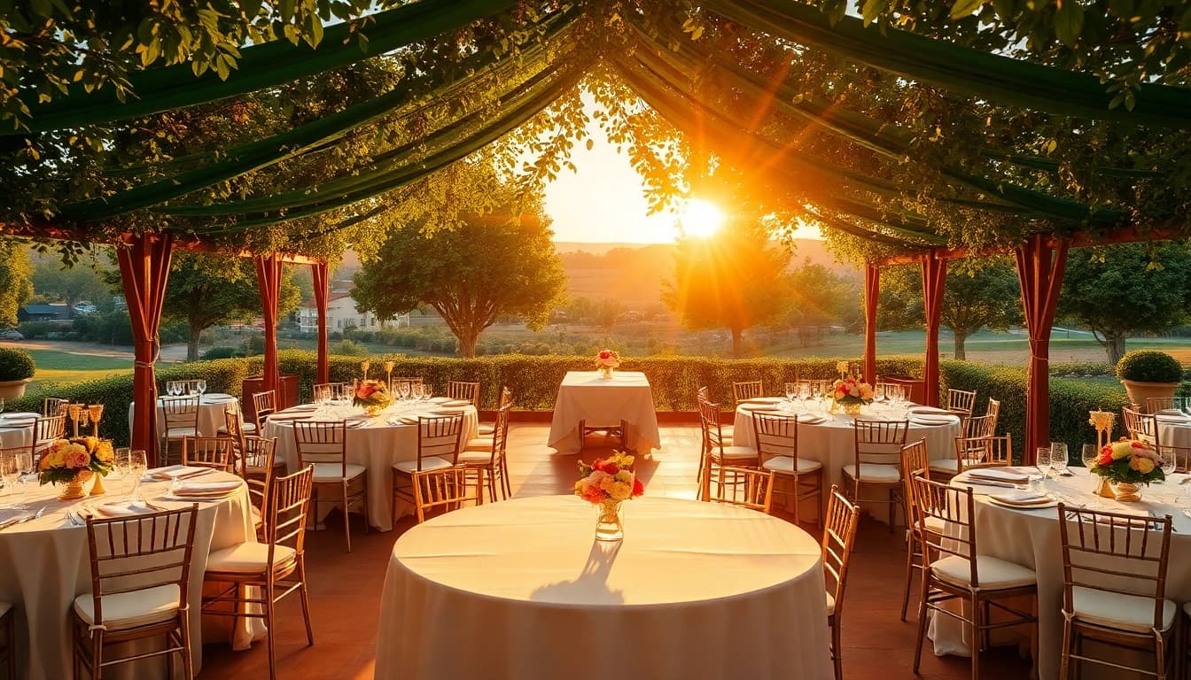 Elegant arrangement at wedding venues sacramento showcasing beautiful floral decor and sunset lighting.