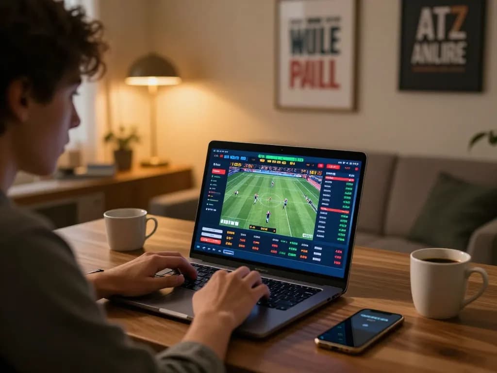 Sunwin player engaging in live sports betting on laptop, showcasing modern home gaming environment