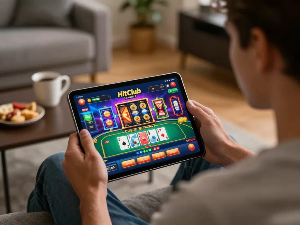 Hitclub online gaming interface displayed on tablet, showcasing engaging card gameplay in a cozy home setting