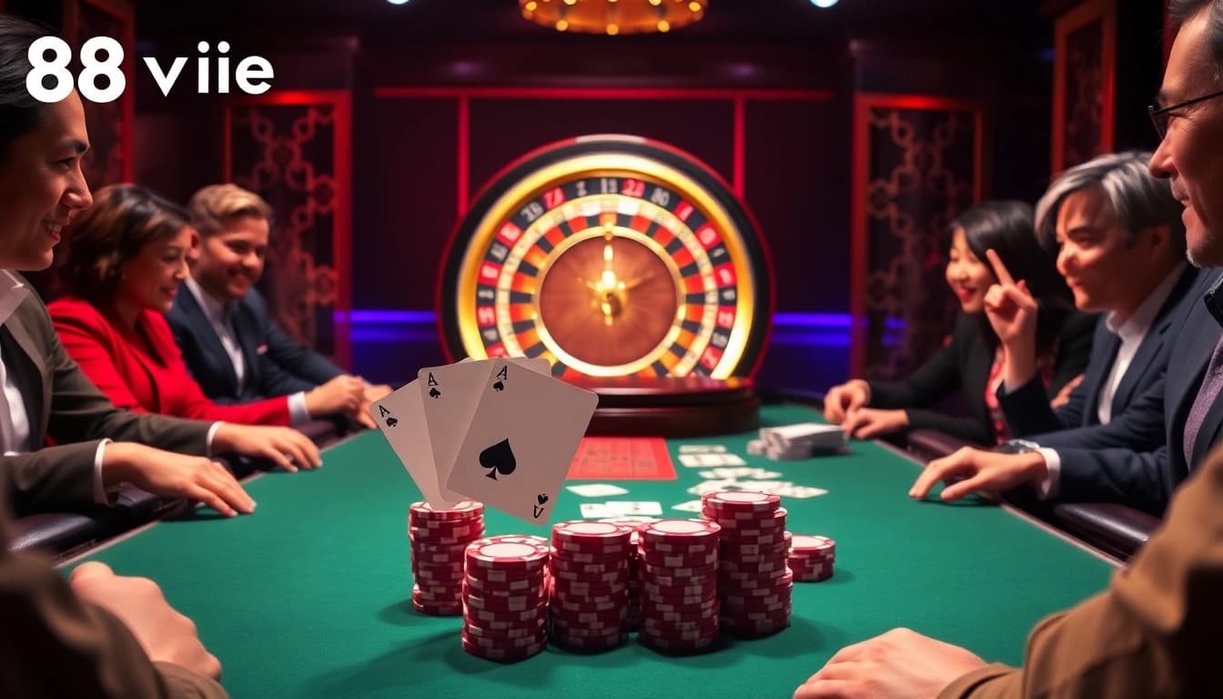 A thrilling poker game at https://68vip.video/ featuring vibrant chips and cards in an elegant casino.