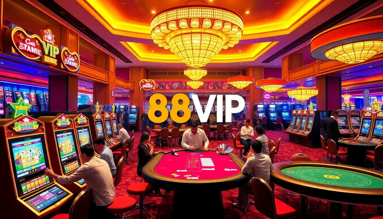 Players excitingly engage in games at Nhà Cái 68VIP's luxurious casino floor with vibrant colors.