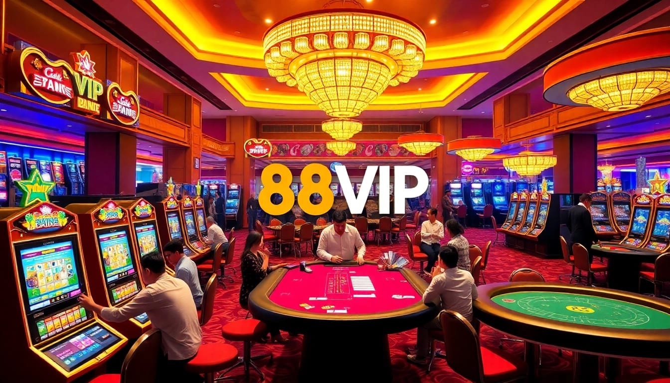 Players excitingly engage in games at Nhà Cái 68VIP's luxurious casino floor with vibrant colors.