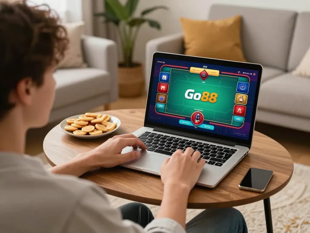 Player engaging in an exciting Go88 poker game from their cozy home, highlighting online gaming atmosphere.